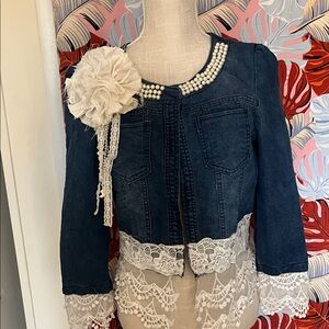 Denim Jacket with Pearl and Lace Details